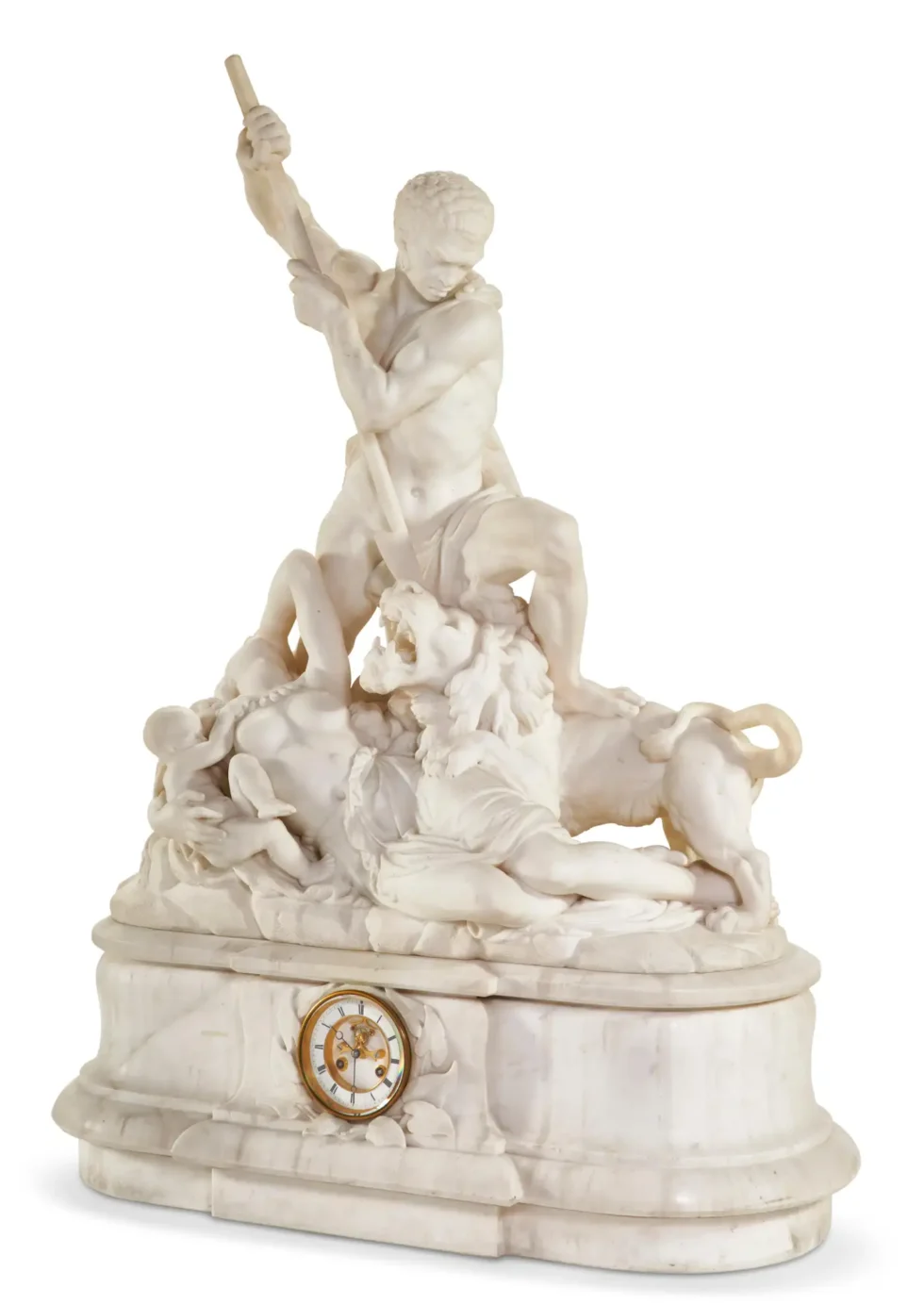 An Exceptional White Marble Figural Sculpture Clock, "A Nubian Slaying The Lion"C. 1860 - Image 2