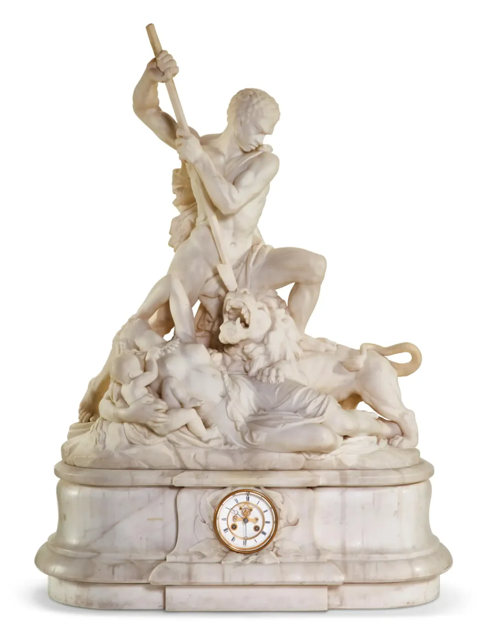An Exceptional White Marble Figural Sculpture Clock, "A Nubian Slaying The Lion"C. 1860