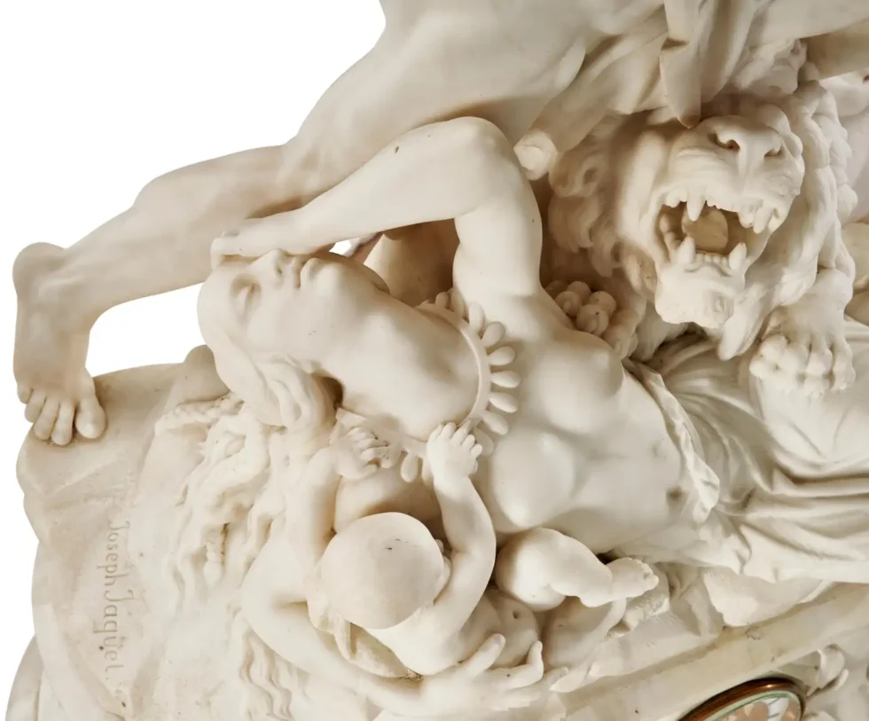 An Exceptional White Marble Figural Sculpture Clock, "A Nubian Slaying The Lion"C. 1860 - Image 6