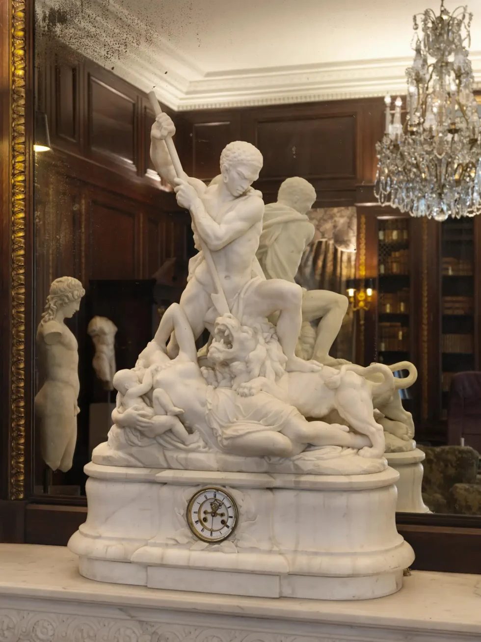 An Exceptional White Marble Figural Sculpture Clock, "A Nubian Slaying The Lion"C. 1860 - Image 11