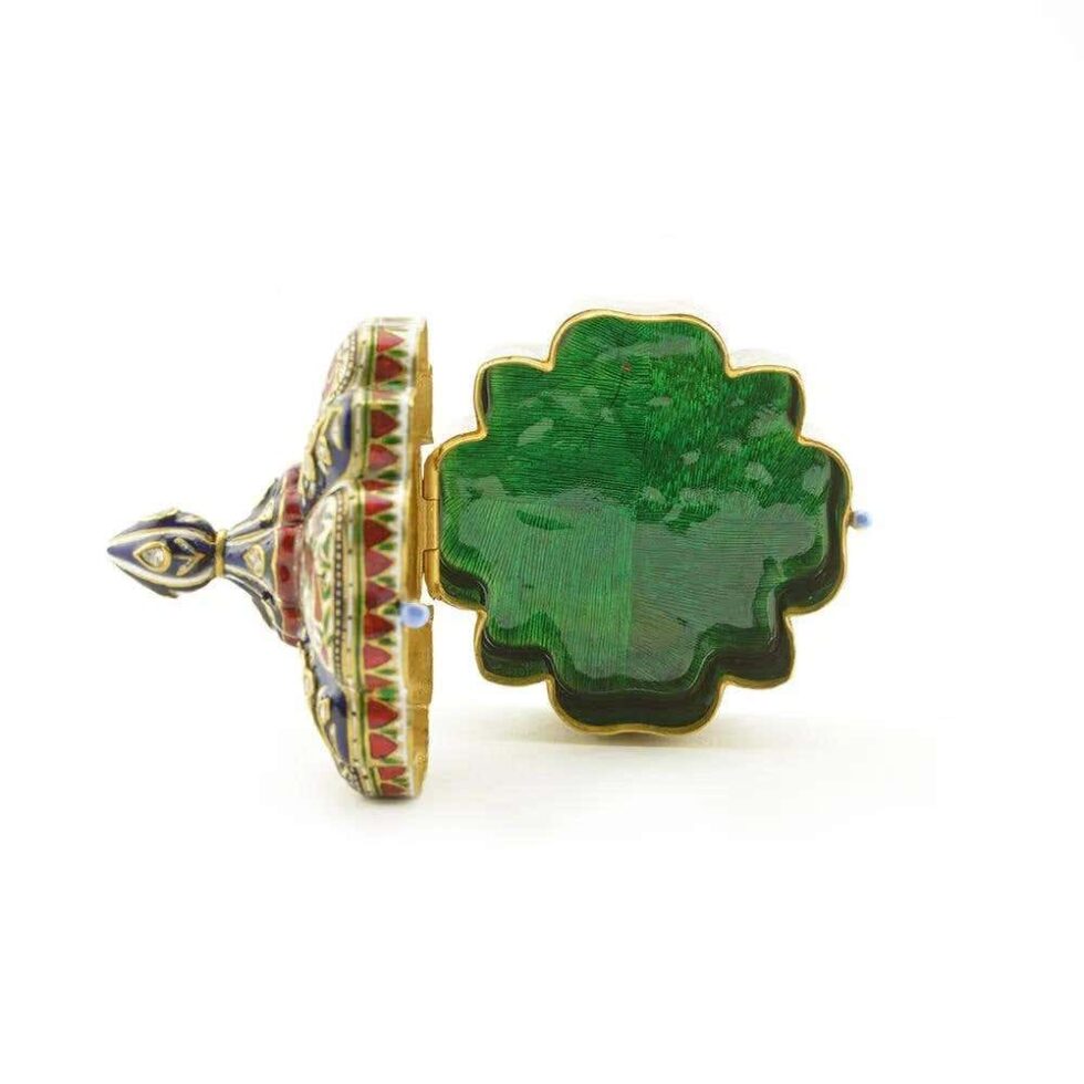 Exquisite and Large Indian 22K Gold, Enamel, and Diamond Snuff Box, Jaipur - Image 7