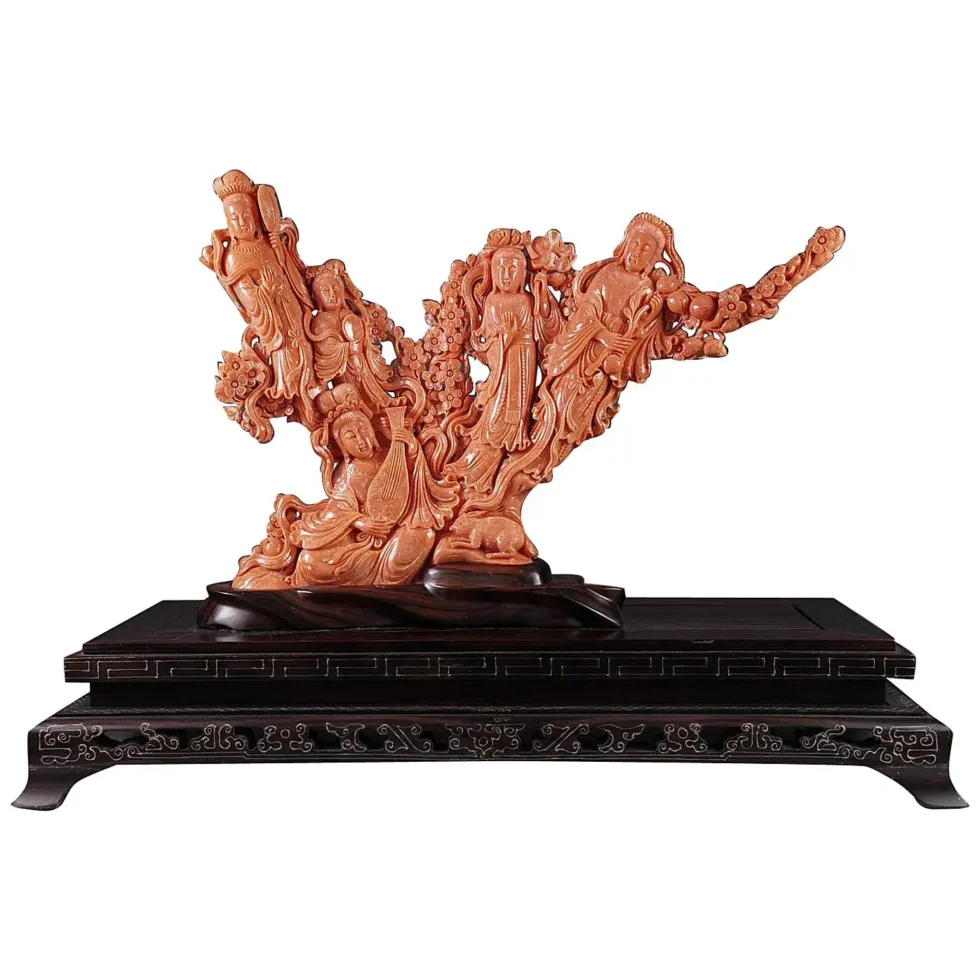 Exceptional Large Chinese Carved Coral Figural Group Statue of Female Immortals