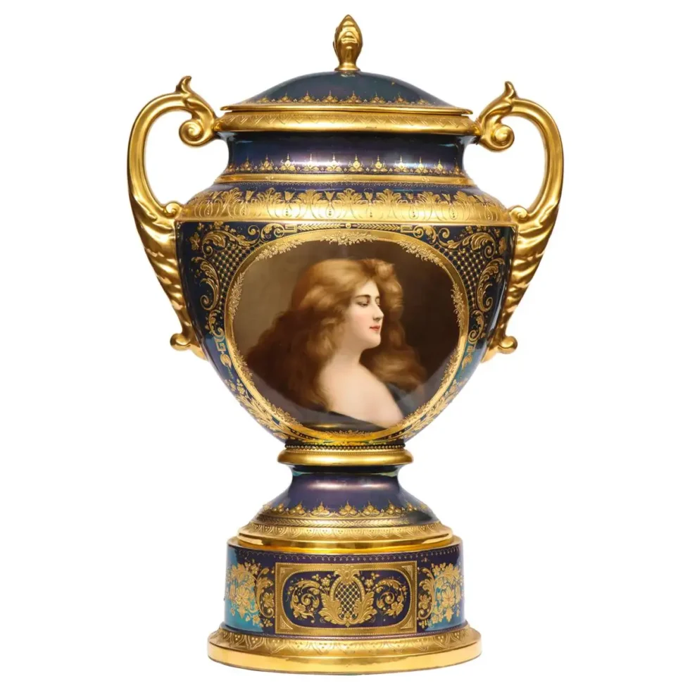 Monumental Royal Vienna Iridescent Porcelain Portrait Vase and Cover, circa 1880