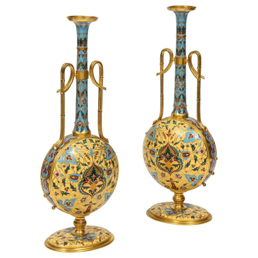 Extremely Rare Pair of Ferdinand Barbedienne Ormolu and Champleve Enamel Vases
