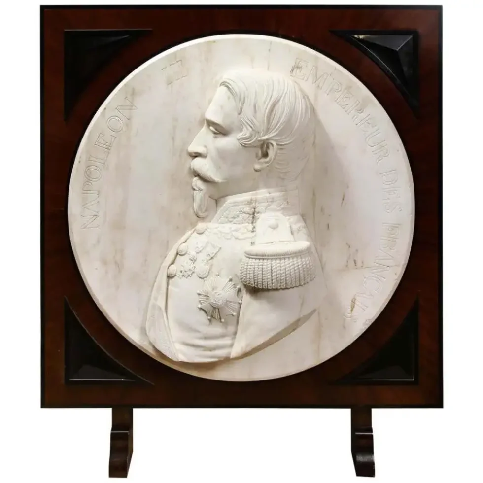 Museum Quality French White Marble Roundel Relief of Emperor Napoleon III, 1860