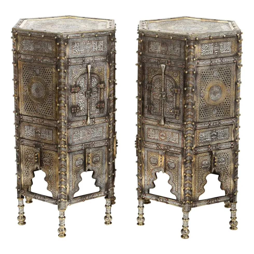 Exceptional Pair of Islamic Mamluk Revival Silver Inlaid Quran Side Tables