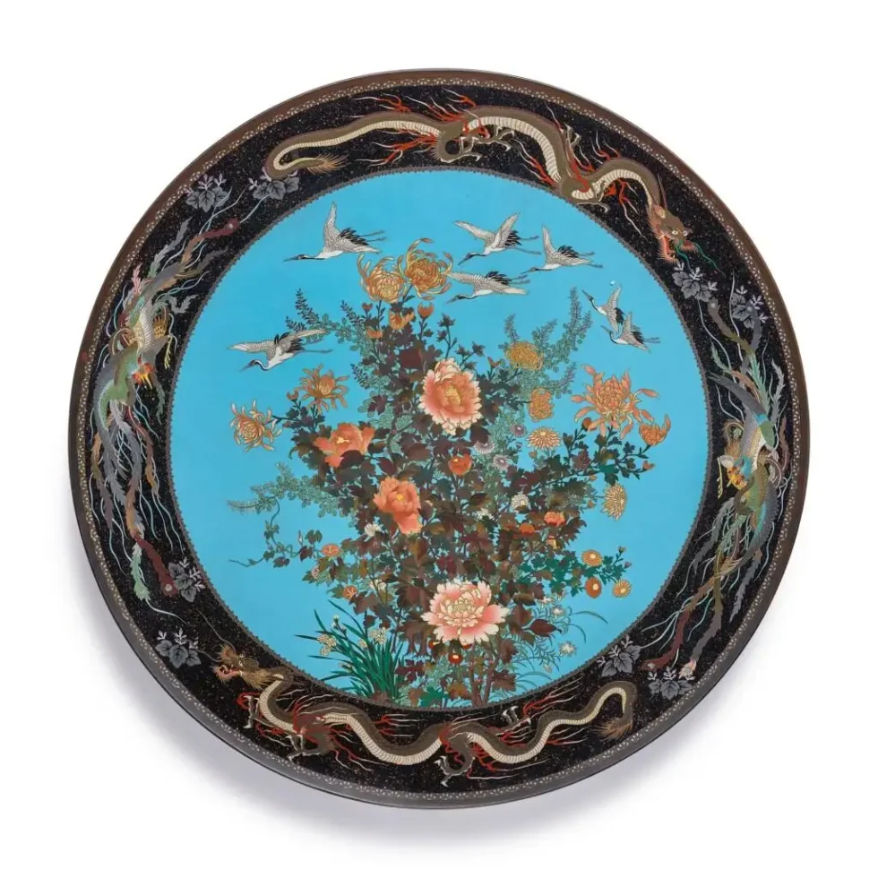 A Massive Museum Pair of Meiji Period Japanese Cloisonne Enamel Chargers Plates - Image 2