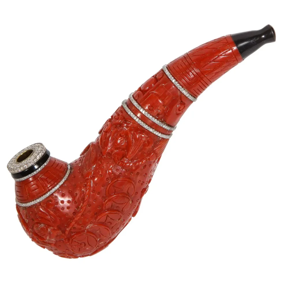 Contemporary Coral, 18k Gold, Diamonds, and Onyx Pipe