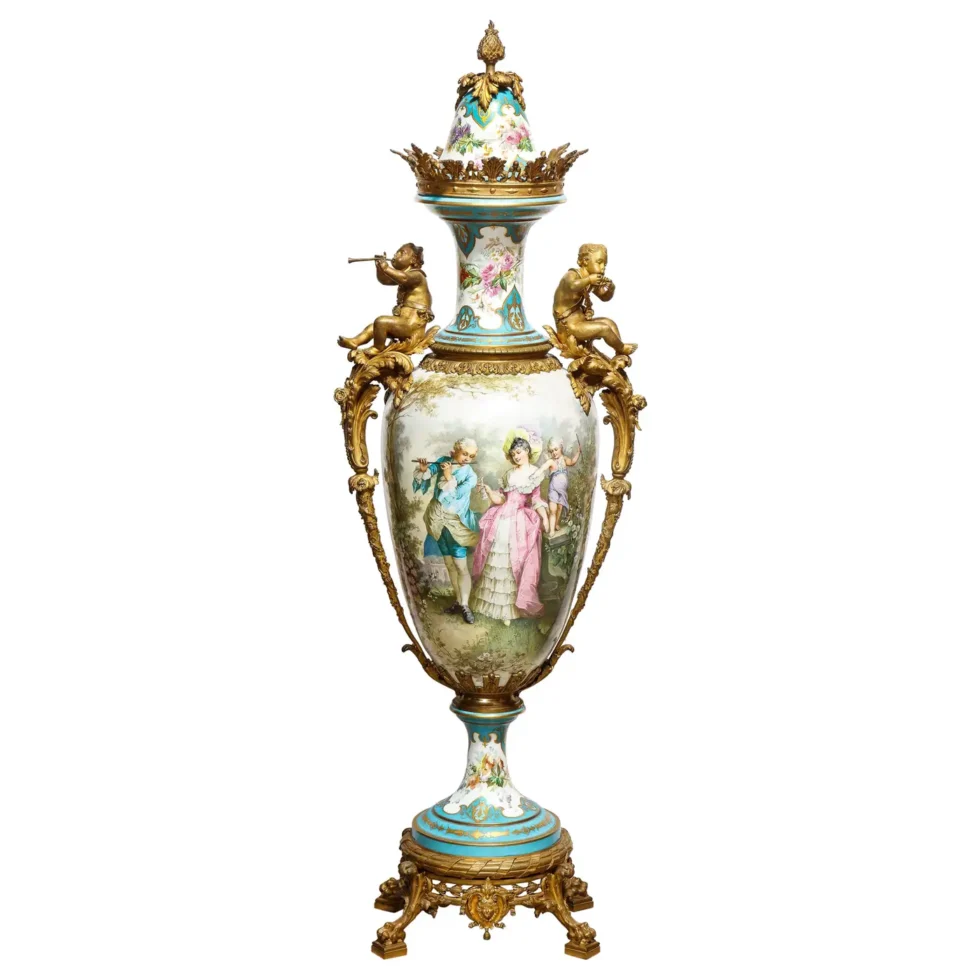 A Palatial French Ormolu-Mounted Sevres Porcelain Hand-Painted Vase and Cover