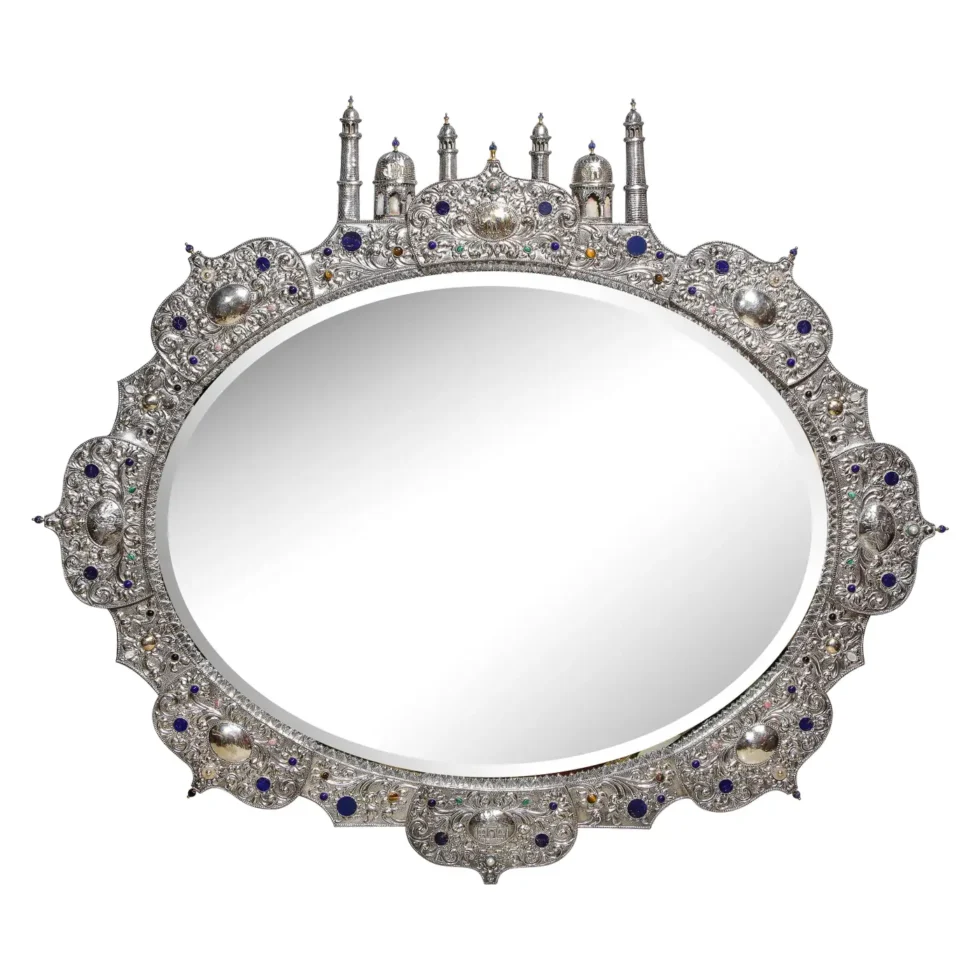 Rare and Magnificent Indian Silver, Gold & Jeweled Palace Mirror