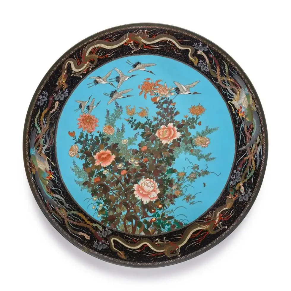 A Massive Museum Pair of Meiji Period Japanese Cloisonne Enamel Chargers Plates - Image 3