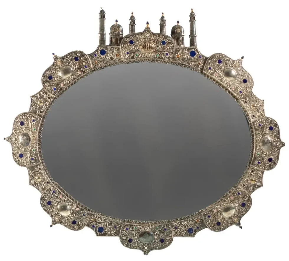 Rare and Magnificent Indian Silver, Gold & Jeweled Palace Mirror - Image 17