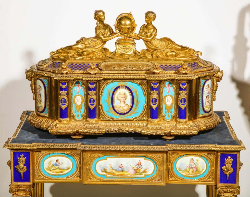 Rare Important French Ormolu Sevres Style Porcelain Jewelry Box on Bronze Table - Image 9