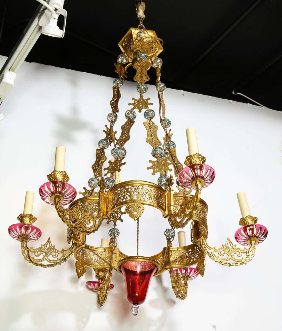 Exceptional and Rare Islamic Alhambra Bronze and Enameled Glass Chandelier - Image 2