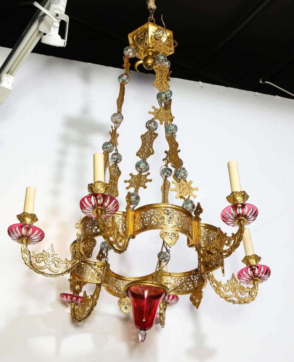 Exceptional and Rare Islamic Alhambra Bronze and Enameled Glass Chandelier - Image 3