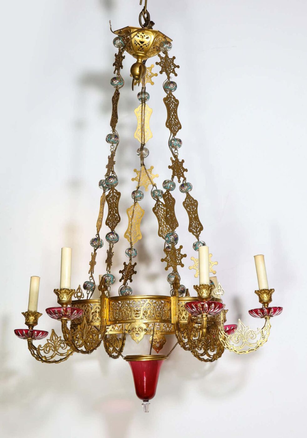 Exceptional and Rare Islamic Alhambra Bronze and Enameled Glass Chandelier - Image 4