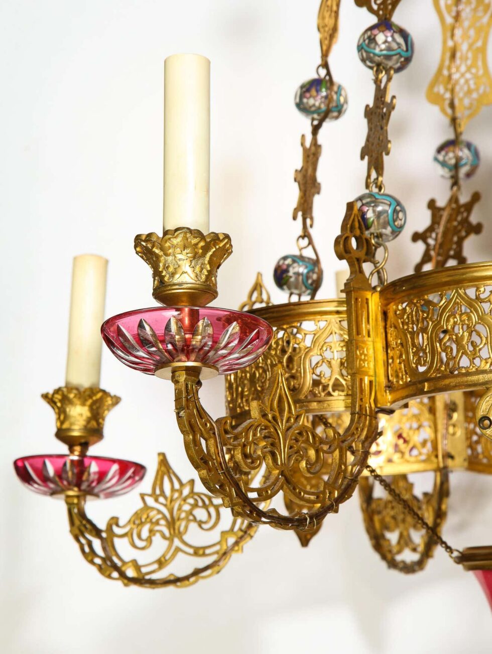 Exceptional and Rare Islamic Alhambra Bronze and Enameled Glass Chandelier - Image 5