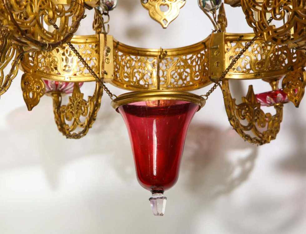 Exceptional and Rare Islamic Alhambra Bronze and Enameled Glass Chandelier - Image 7