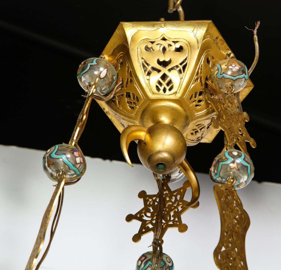 Exceptional and Rare Islamic Alhambra Bronze and Enameled Glass Chandelier - Image 9