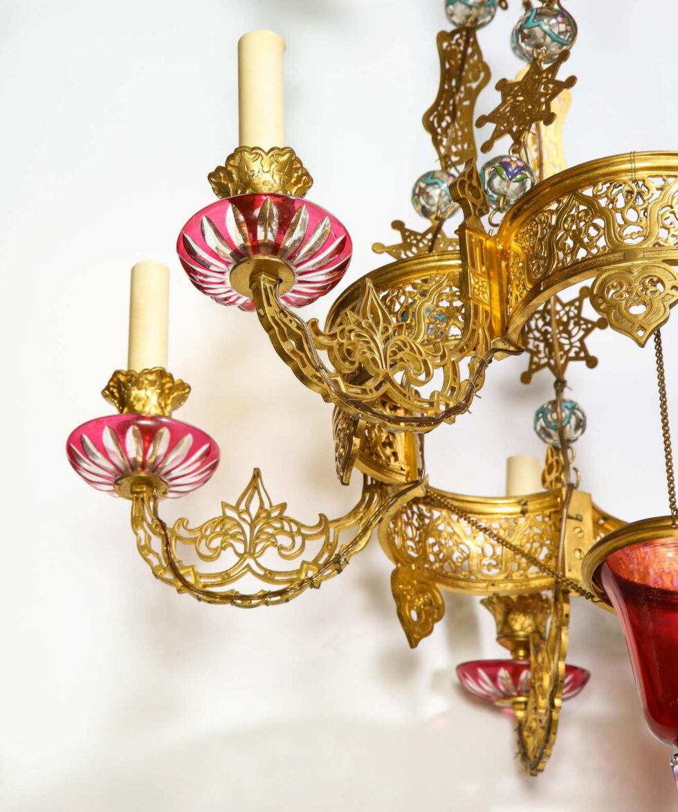 Exceptional and Rare Islamic Alhambra Bronze and Enameled Glass Chandelier - Image 15