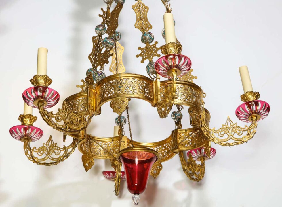 Exceptional and Rare Islamic Alhambra Bronze and Enameled Glass Chandelier - Image 16