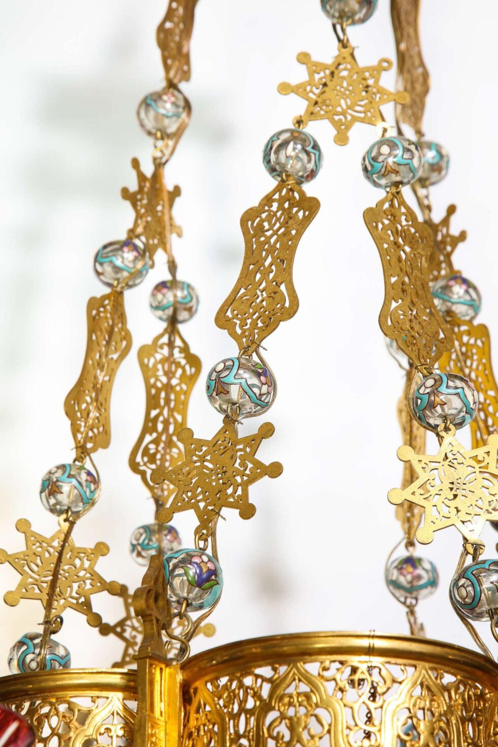 Exceptional and Rare Islamic Alhambra Bronze and Enameled Glass Chandelier - Image 17
