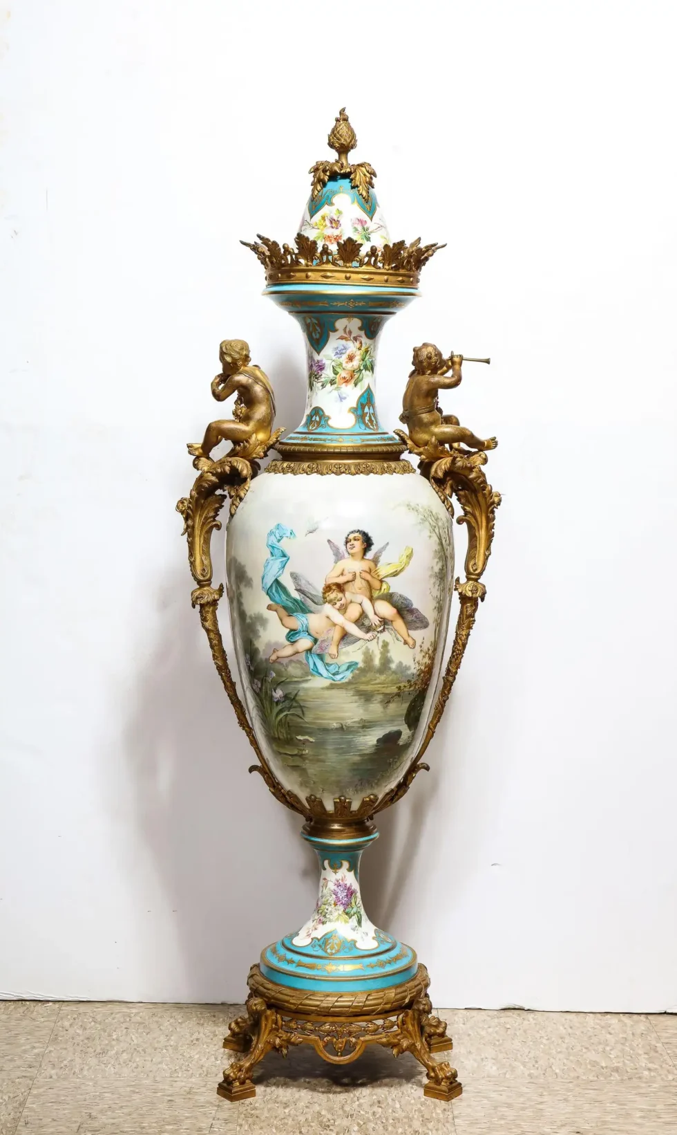 A Palatial French Ormolu-Mounted Sevres Porcelain Hand-Painted Vase and Cover - Image 13