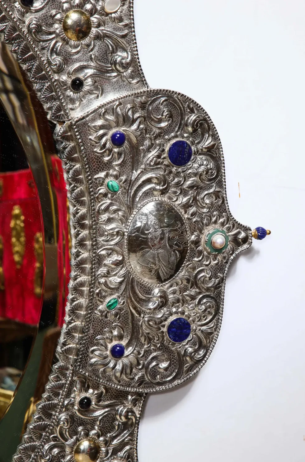 Rare and Magnificent Indian Silver, Gold & Jeweled Palace Mirror - Image 2