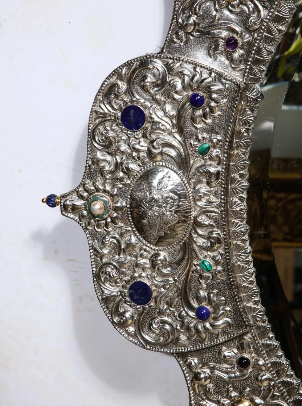 Rare and Magnificent Indian Silver, Gold & Jeweled Palace Mirror - Image 4