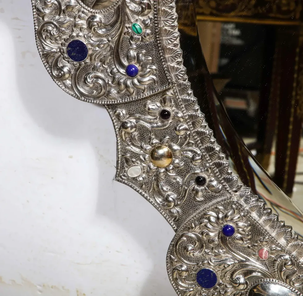 Rare and Magnificent Indian Silver, Gold & Jeweled Palace Mirror - Image 7
