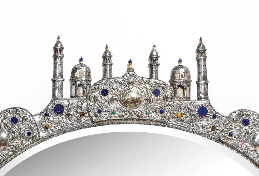 Rare and Magnificent Indian Silver, Gold & Jeweled Palace Mirror - Image 9