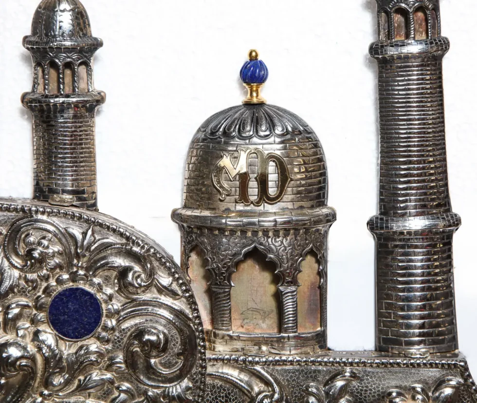 Rare and Magnificent Indian Silver, Gold & Jeweled Palace Mirror - Image 11