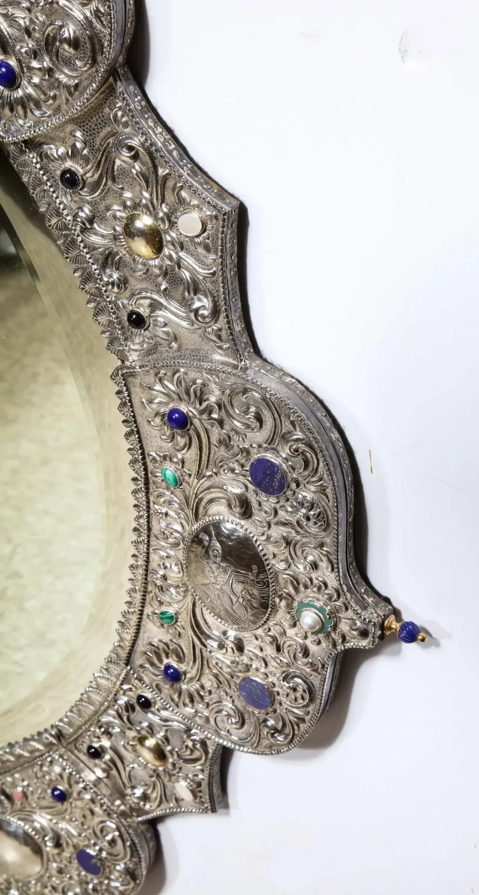 Rare and Magnificent Indian Silver, Gold & Jeweled Palace Mirror - Image 15