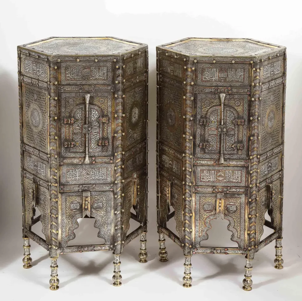 Exceptional Pair of Islamic Mamluk Revival Silver Inlaid Quran Side Tables - Image 3
