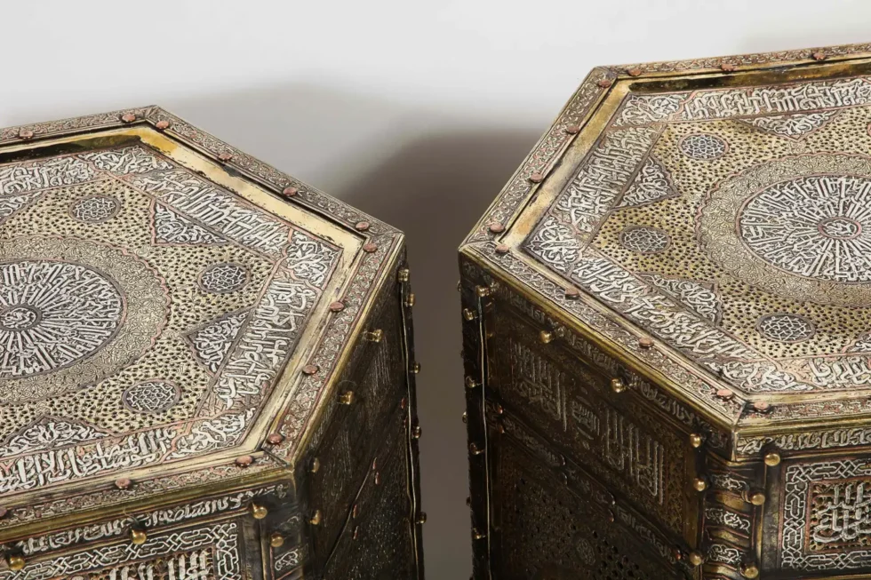 Exceptional Pair of Islamic Mamluk Revival Silver Inlaid Quran Side Tables - Image 6
