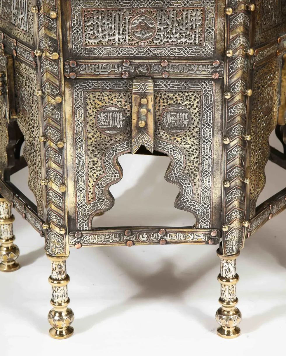 Exceptional Pair of Islamic Mamluk Revival Silver Inlaid Quran Side Tables - Image 7