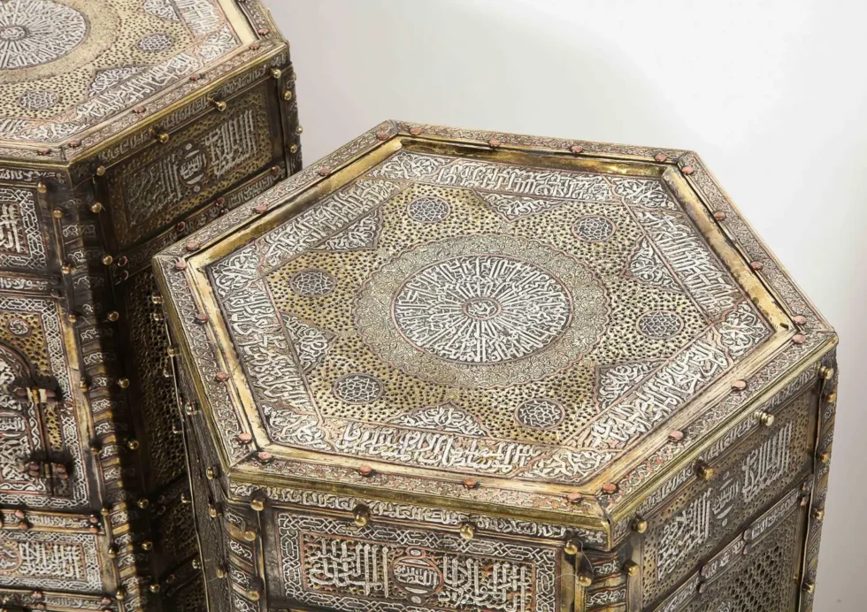 Exceptional Pair of Islamic Mamluk Revival Silver Inlaid Quran Side Tables - Image 9