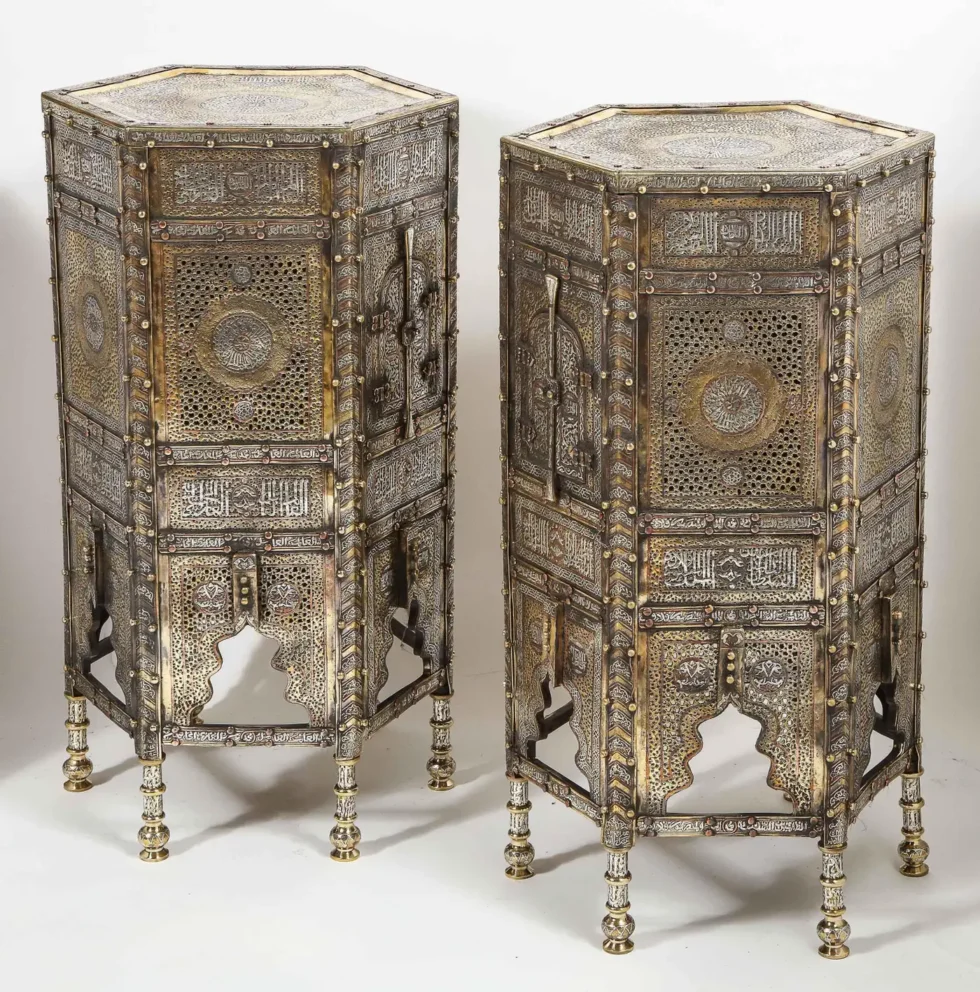 Exceptional Pair of Islamic Mamluk Revival Silver Inlaid Quran Side Tables - Image 13