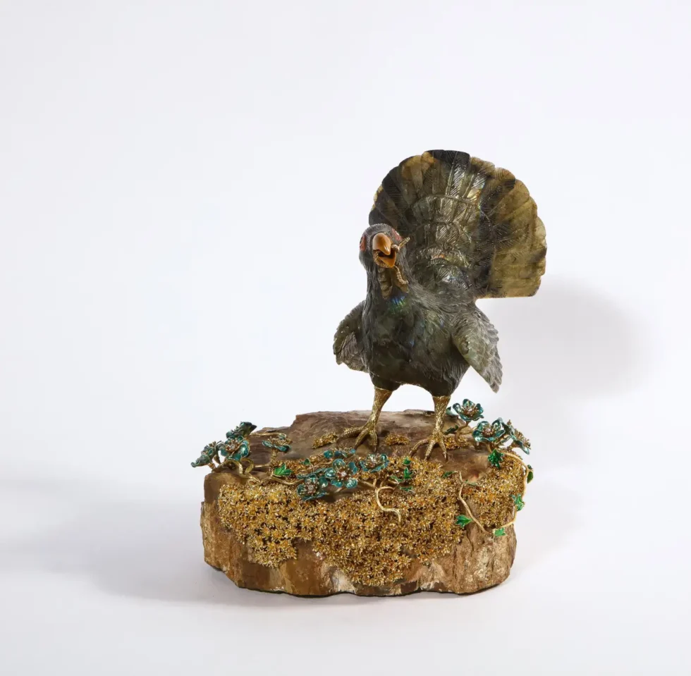 Rare 18K Gold, Enamel and Diamond Mounted Carved Labradorite Turkey Bird - Image 6