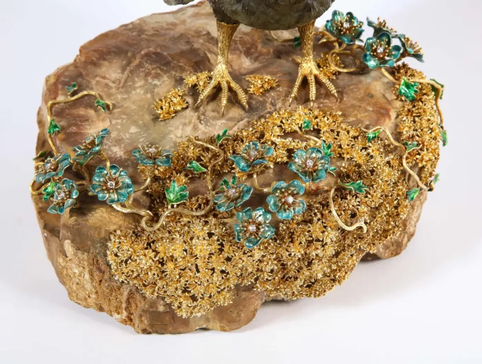 Rare 18K Gold, Enamel and Diamond Mounted Carved Labradorite Turkey Bird - Image 7