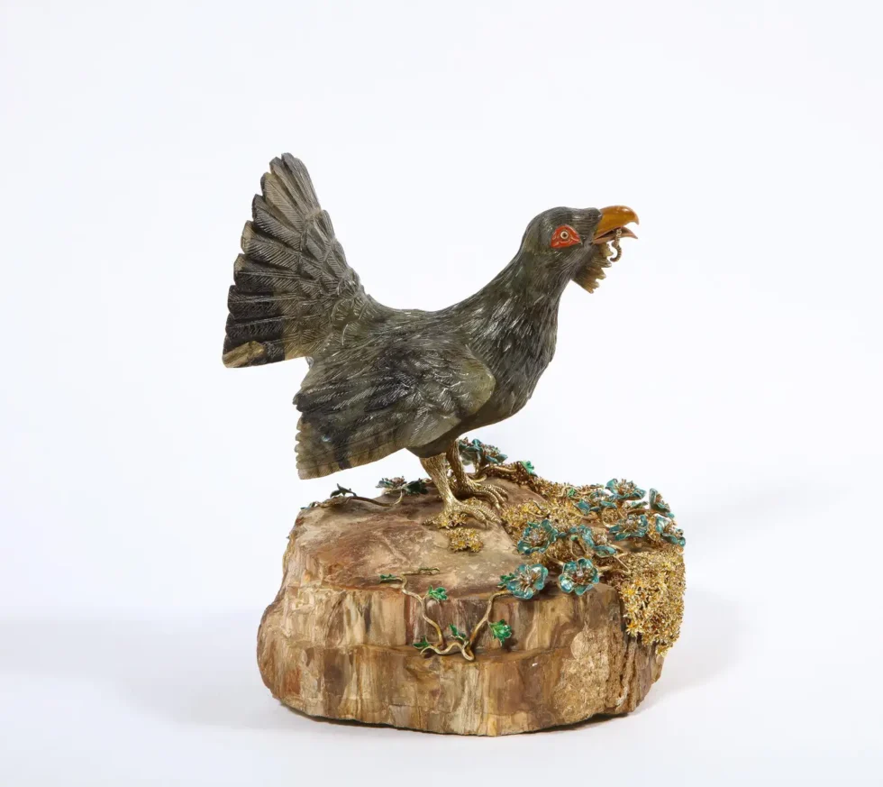 Rare 18K Gold, Enamel and Diamond Mounted Carved Labradorite Turkey Bird - Image 9
