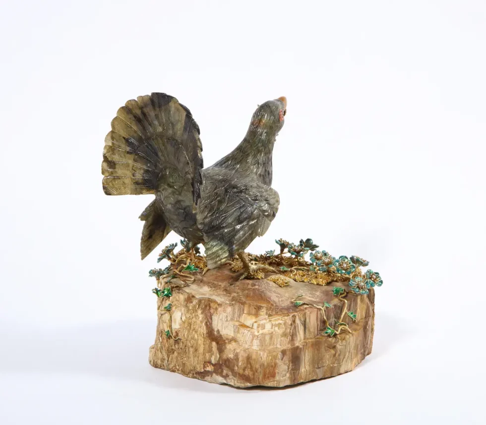 Rare 18K Gold, Enamel and Diamond Mounted Carved Labradorite Turkey Bird - Image 12