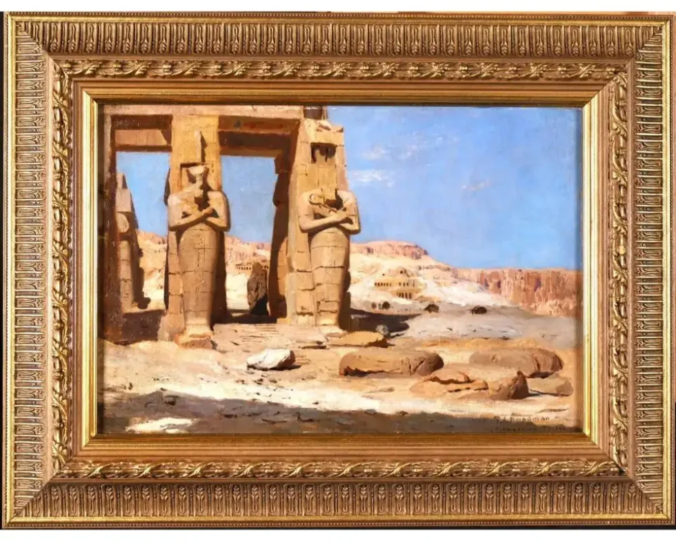 "Colossi of Memnon, Egypt" Rare Orientalist Landscape Painting
