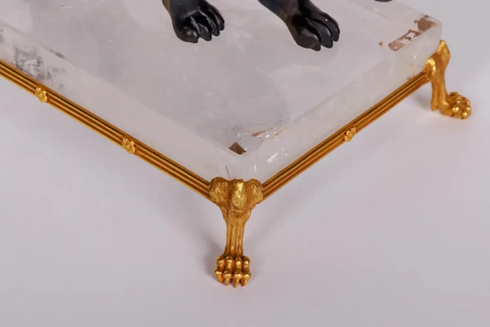 Rare Carved Hawk's Eye Agate Tiger on a 14K Gold Mounted Rock Crystal Base - Image 3