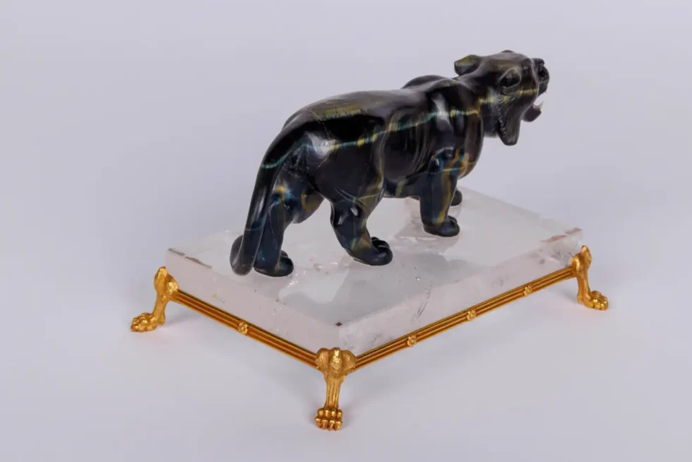 Rare Carved Hawk's Eye Agate Tiger on a 14K Gold Mounted Rock Crystal Base - Image 4