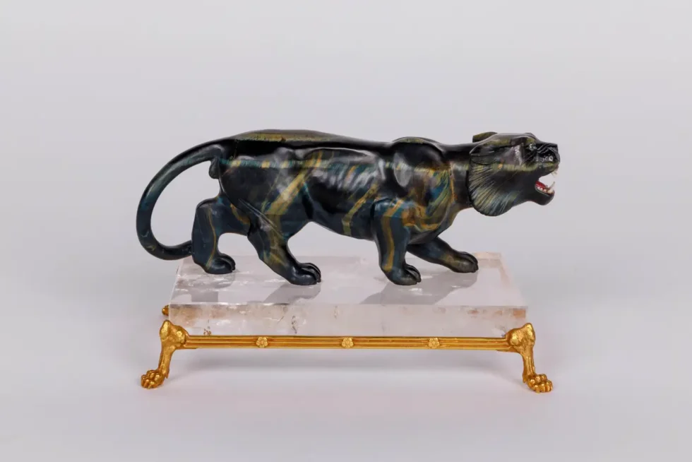 Rare Carved Hawk's Eye Agate Tiger on a 14K Gold Mounted Rock Crystal Base - Image 5