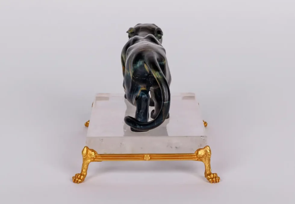 Rare Carved Hawk's Eye Agate Tiger on a 14K Gold Mounted Rock Crystal Base - Image 9