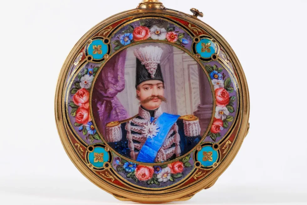 Rare Gold and Enamel Presentation Pocket Watch with Portrait of Naser Shah - Image 2