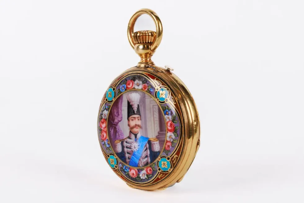 Rare Gold and Enamel Presentation Pocket Watch with Portrait of Naser Shah - Image 4