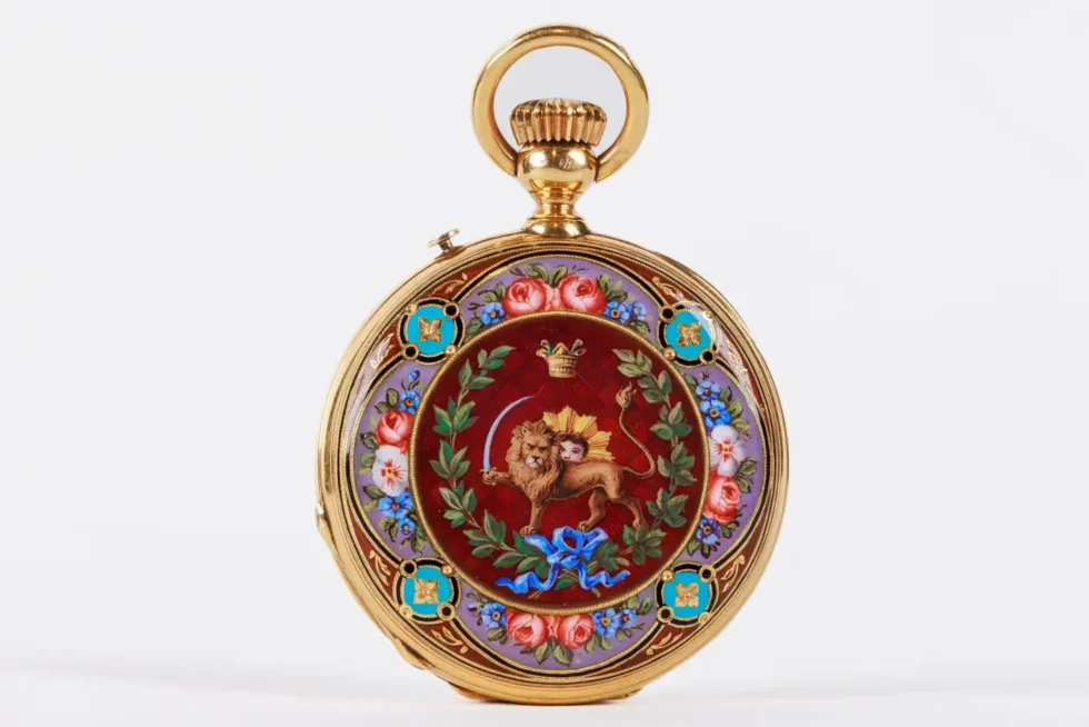 Rare Gold and Enamel Presentation Pocket Watch with Portrait of Naser Shah - Image 5